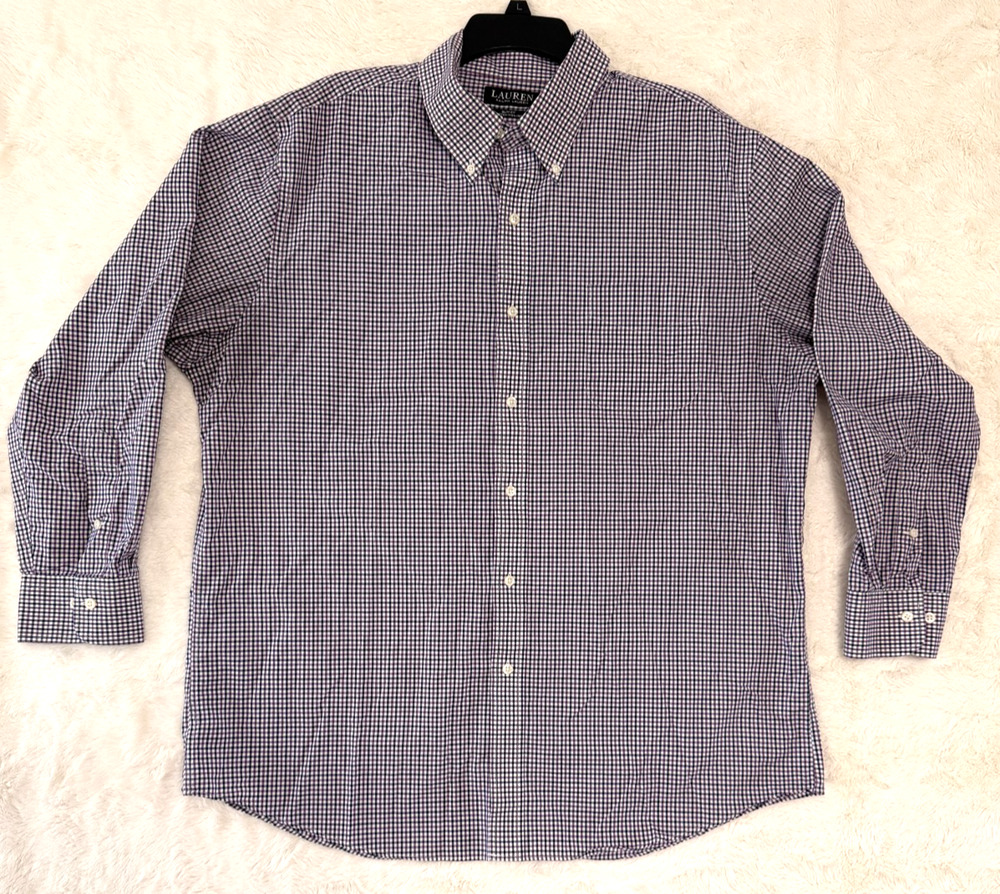 Lauren Ralph Lauren Mens XL Button Down Shirt Gingham Check Navy Blue White LS